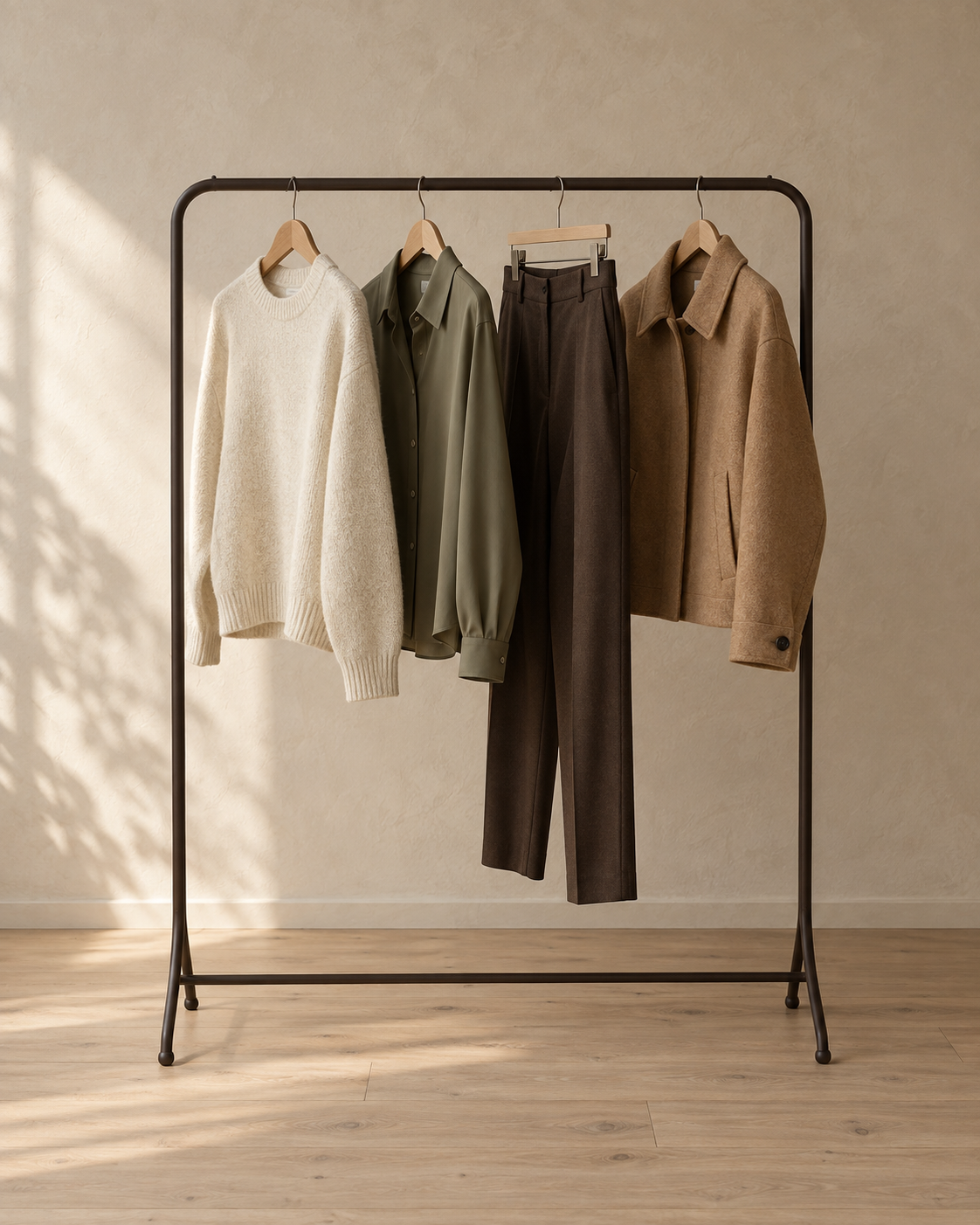 Fyra plagg i beige, gröna och bruna toner på en smal klädställning
